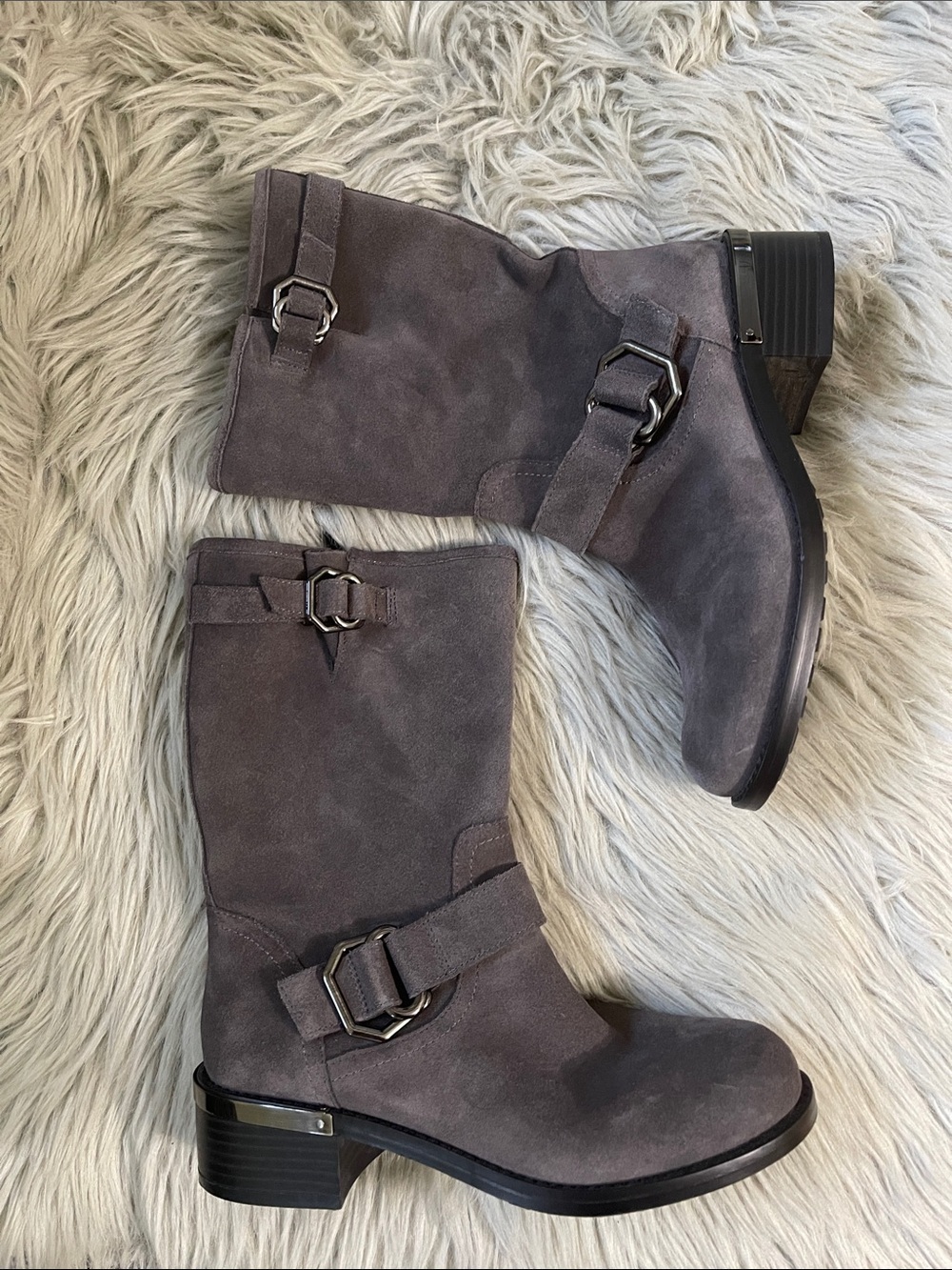 Vince Camuto Gray Suede Mid-Calf Buckle wadelyn heel boots‎